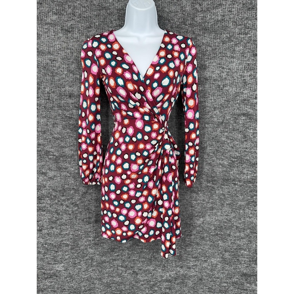 Diane Von Furstenberg Dress Womens 00 Multicolor Polka Dot Wrap Ruched Jersey